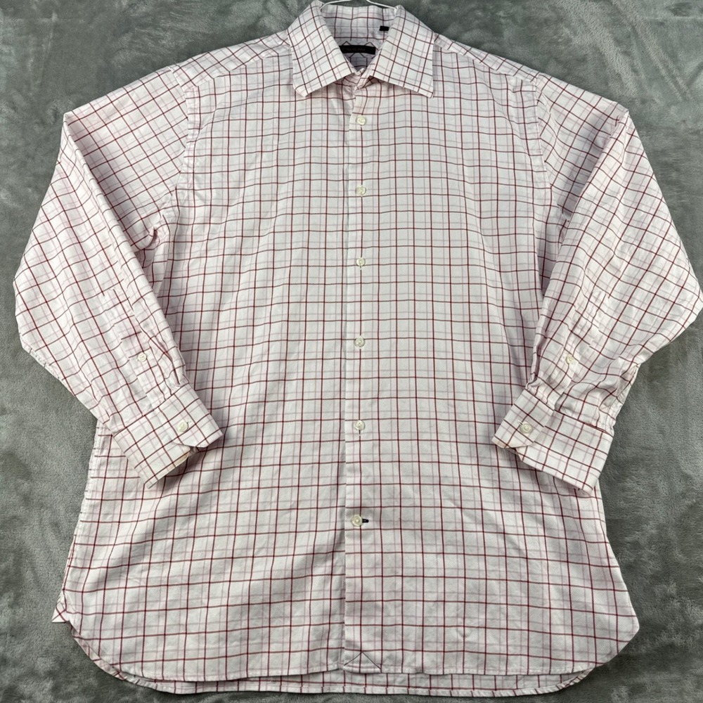 Broletto Dress Shirt Mens 16.5 32/33 Windowpane White Red Button-Down EUC